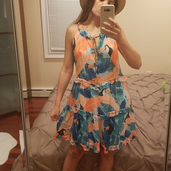 FARM Rio Dresses & Skirts - FARM Rio Brazil Orange Peach Blue Beaded Tassel Toucan Mini Dress Tropical, M